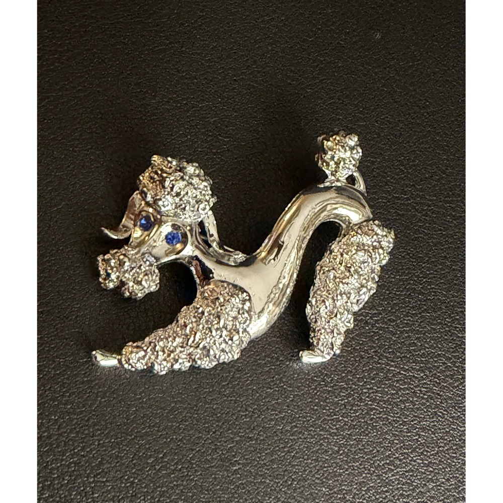 Vintage JJ Poodle Brooch Silver Tone Dog Pin Rhinestone Eye